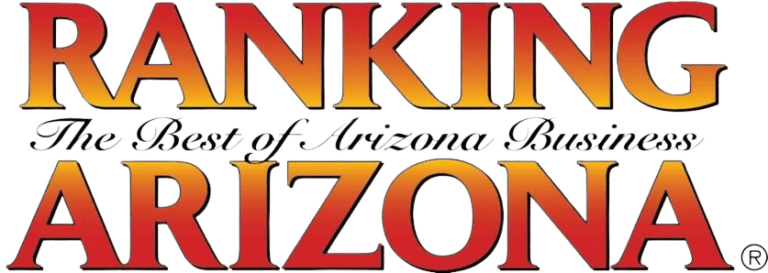 Logo reading "About Ranking Arizona: The Best of Arizona Business" in bold red and yellow gradient letters against a black background.