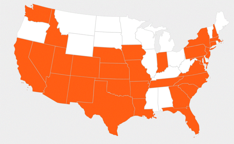 About the map of the USA with several states highlighted in orange.
