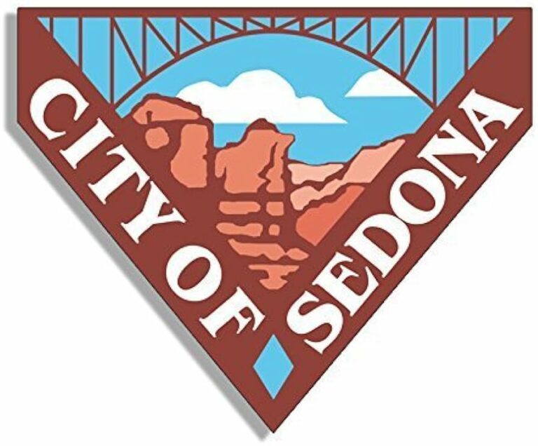 A triangular logo with the text "city of sedona" featuring a bridge, water projects, and red rock formations under a blue sky with clouds.