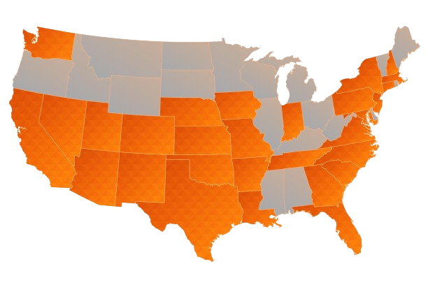 Map of the USA with states in varying shades of orange, illustrating fuel consumption gradation, on a plain background.