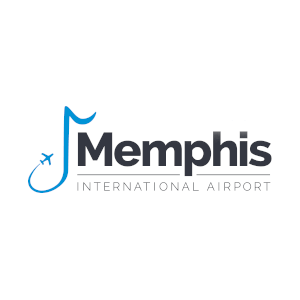 Logo of Memphis International Airport featuring a blue musical note with an airplane, alongside the name in gray and blue text, symbolizing its fuel projects initiatives.
