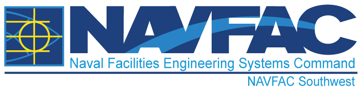 Logo of naval facilities engineering systems command, featuring blue text "navfac" and a stylized compass design for water projects.