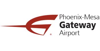 Logo of Phoenix-Mesa Gateway Airport featuring a stylized red arrow pointing right next to the name in black text and highlighting its fuel projects.