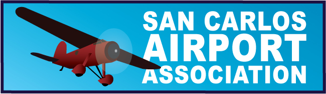 Banner for San Carlos Airport Association featuring a red airplane on a blue background, highlighting new fuel projects.