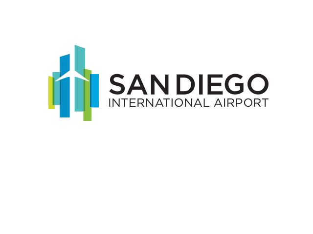 Logo of San Diego International Airport featuring stylized buildings in blue and green with the name next to it, symbolizing its fuel projects initiatives.